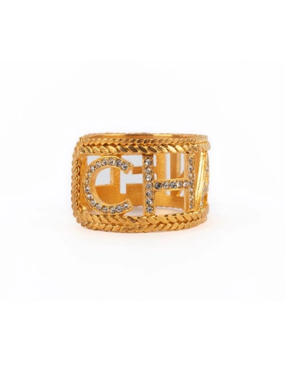 CHANEL spellout Vintage 1980s 24kgp Crystal Logo Cuff Bracelet